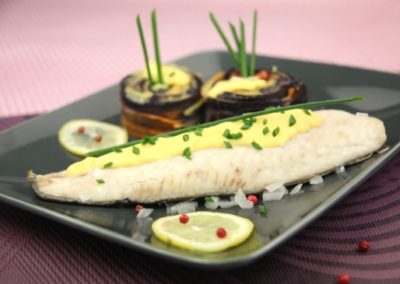 Esturgeon au sabayon de champagne et tourbillon de carottes